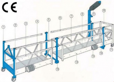1. End stirrup; 
2. Connection pin; 
3. Side element 2 m; 
4. Floor element 2 m;
5. Handrail 2m; 
6. Handrail 3 m; 
7. Side element 3 m; 
8. Floor element 3 m; 
9. Walk-through stirrup; 
10. Extension element 0,75 m; 
11. Set of 2 castor rollers (option!); 
12. Floor element 0,75 m; 
13. Wall roller; 
14. Connection bar; 
15. Connection stirrup; 